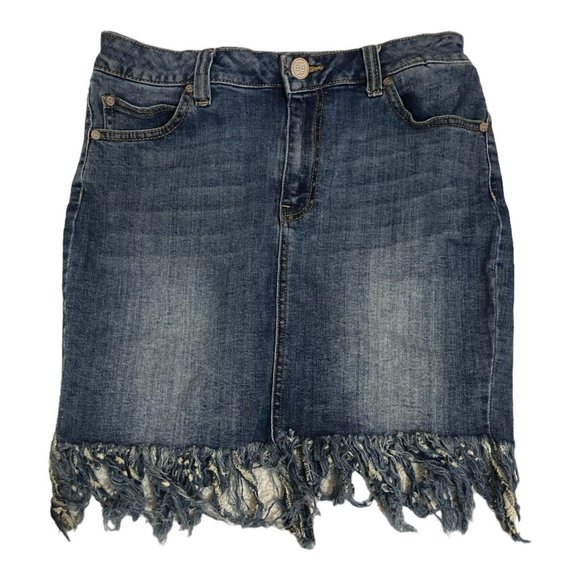 Boom Boom Jeans Womens Medium Denim Pencil Skirt Fringe Cowgirl Stretch - Picture 1 of 4